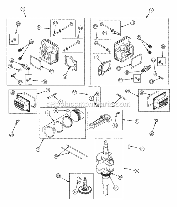Cylinder Head, Crankshaft, Camshaft And Valve Diagram and Parts List for RZT22 17AA5A7P710, 17AA5A7P712 Cub Cadet Lawn Mower